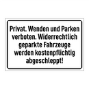 Privat. Wenden und Parken verboten. Widerrechtlich geparkte Fahrzeuge werden kostenpflichtig abgeschleppt!