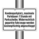 Kundenparkplatz, maximale Parkdauer: 1 Stunde mit Parkscheibe. Widerrechtlich geparkte Fahrzeuge werden kostenpflichtig abgeschleppt