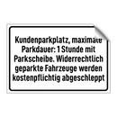 Kundenparkplatz, maximale Parkdauer: 1 Stunde mit Parkscheibe. Widerrechtlich geparkte Fahrzeuge werden kostenpflichtig abgeschleppt