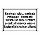Kundenparkplatz, maximale Parkdauer: 1 Stunde mit Parkscheibe. Widerrechtlich geparkte Fahrzeuge werden kostenpflichtig abgeschleppt