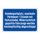 Kundenparkplatz, maximale Parkdauer: 1 Stunde mit Parkscheibe. Widerrechtlich geparkte Fahrzeuge werden kostenpflichtig abgeschleppt