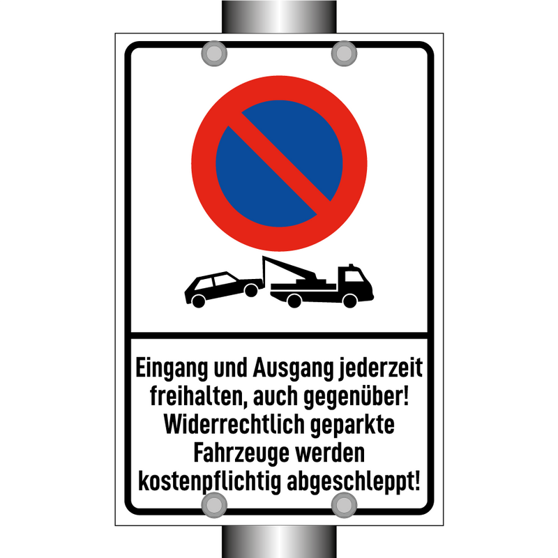Eingang und Ausgang jederzeit freihalten, auch gegenüber! Widerrechtlich geparkte Fahrzeuge werden kostenpflichtig abgeschleppt!