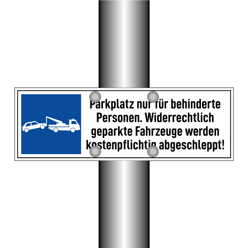 Parkplatz nur für behinderte Personen. Widerrechtlich geparkte Fahrzeuge werden kostenpflichtig abgeschleppt!