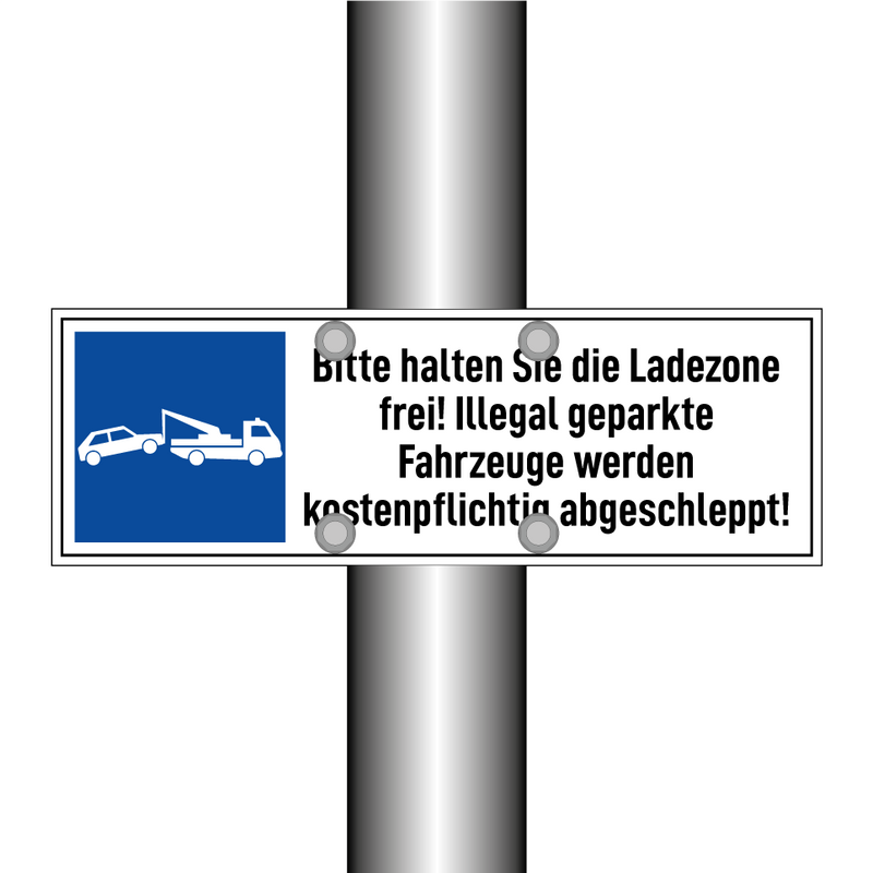 Bitte halten Sie die Ladezone frei! Illegal geparkte Fahrzeuge werden kostenpflichtig abgeschleppt!