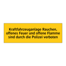 Kraftfahrzeuganlage Rauchen, offenes Feuer und offene Flamme sind durch die Polizei verboten