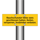 Rauchschutztür! Bitte stets geschlossen halten. Keilen, versperren, festbinden verboten.