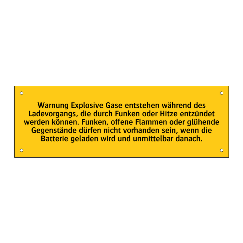 Warnung Explosive Gase entstehen während des Ladevorgangs, die durch Funken oder Hitze entzündet werden können. Funken, offene Flammen oder glühende Gegenstände dürfen nicht vorhanden sein, wenn die Batterie geladen wird und unmittelbar danach.