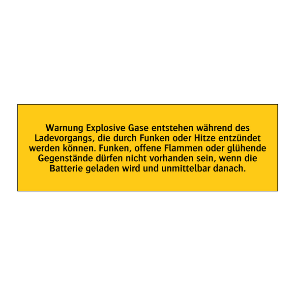 Warnung Explosive Gase entstehen während des Ladevorgangs, die durch Funken oder Hitze entzündet werden können. Funken, offene Flammen oder glühende Gegenstände dürfen nicht vorhanden sein, wenn die Batterie geladen wird und unmittelbar danach.