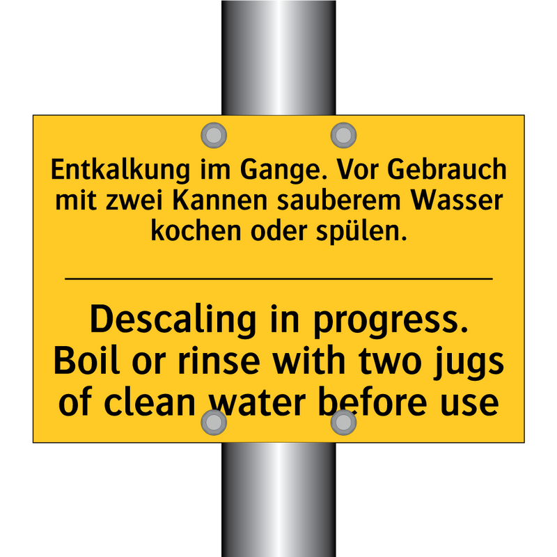 Entkalkung im Gange. Vor Gebrauch /.../ - Descaling in progress. Boil or /.../