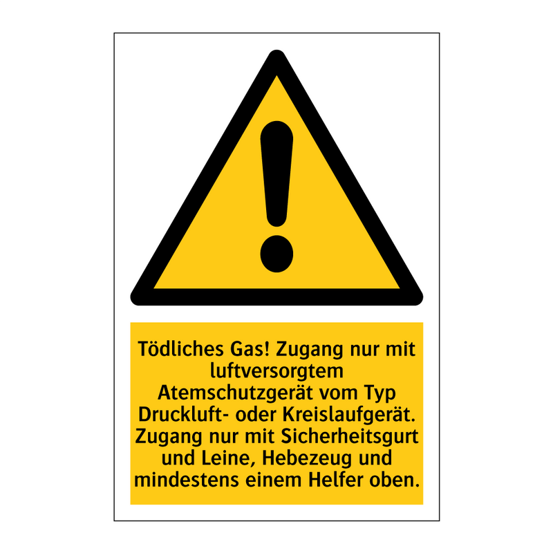Tödliches Gas! Zugang nur mit luftversorgtem Atemschutzgerät vom Typ Druckluft- oder Kreislaufgerät. Zugang nur mit Sicherheitsgurt und Leine, Hebezeug und mindestens einem Helfer oben.
