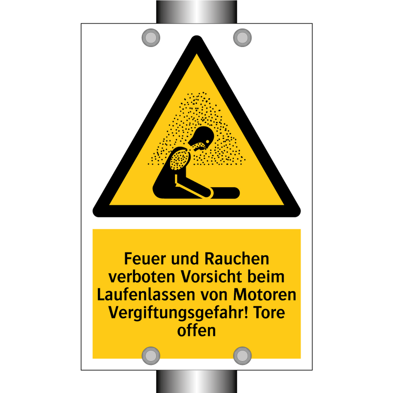 Feuer und Rauchen verboten Vorsicht beim Laufenlassen von Motoren Vergiftungsgefahr! Tore offen