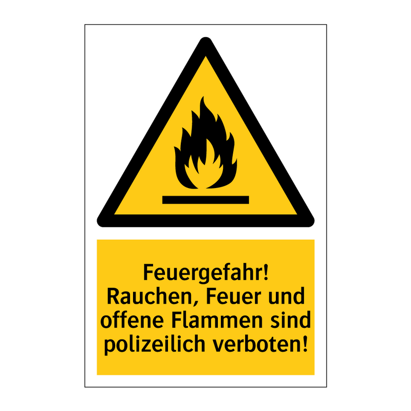 Feuergefahr! Rauchen, Feuer und offene Flammen sind polizeilich verboten!