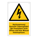 Hochspannung! Vorsicht! Lebensgefahr! Bei Feueralarm nicht öffnen und kein Wasser hineinspritzen.