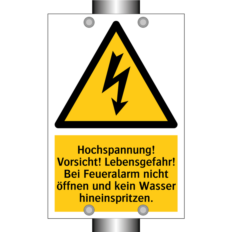 Hochspannung! Vorsicht! Lebensgefahr! Bei Feueralarm nicht öffnen und kein Wasser hineinspritzen.