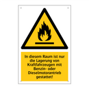 In diesem Raum ist nur die Lagerung von Kraftfahrzeugen mit Benzin- oder Dieselmotorantrieb gestattet!