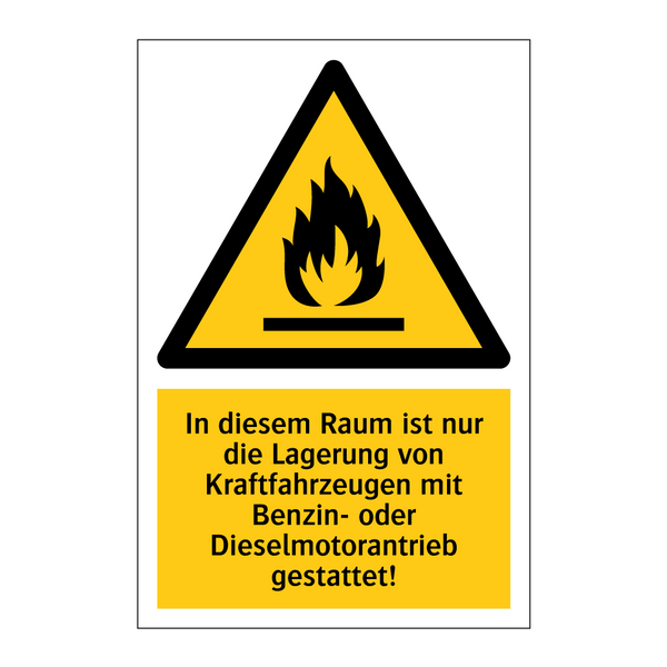 In diesem Raum ist nur die Lagerung von Kraftfahrzeugen mit Benzin- oder Dieselmotorantrieb gestattet!