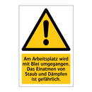 Am Arbeitsplatz wird mit Blei umgegangen. Das Einatmen von Staub und Dämpfen ist gefährlich.