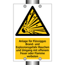 Anlage für Flüssiggas Brand- und Explosionsgefahr Rauchen und Umgang mit offenem Feuer oder Flamme verboten