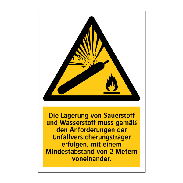 Die Lagerung von Sauerstoff und Wasserstoff muss gemäß den Anforderungen der Unfallversicherungsträger erfolgen, mit einem Mindestabstand von 2 Metern voneinander.