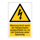 Warnung Auch wenn der Hauptschalter ausgeschaltet ist, ist die Zuleitung unter Spannung.