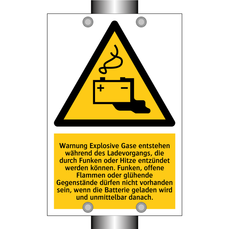 Warnung Explosive Gase entstehen während des Ladevorgangs, die durch Funken oder Hitze entzündet werden können. Funken, offene Flammen oder glühende Gegenstände dürfen nicht vorhanden sein, wenn die Batterie geladen wird und unmittelbar danach.