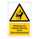 Warnung vor Handverletzung durch Zahnriemenantrieb