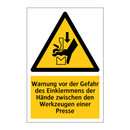 Warnung vor der Gefahr des Einklemmens der Hände zwischen den Werkzeugen einer Presse